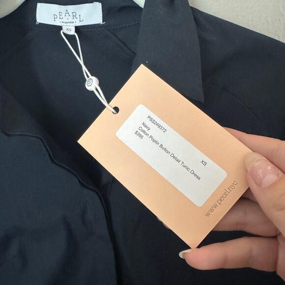 NWT PEARL LELA ROSE Navy Cotton Poplin Button Detail Sleeve Size XS mini dress - Picture 5 of 8